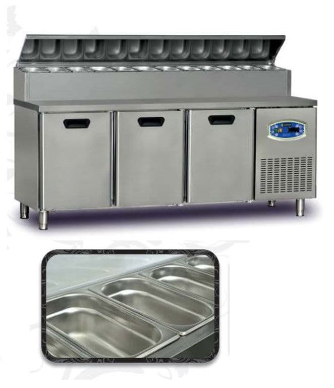 Pizza Hazırlık Buzdolabı Alçak Model Üç Kapılı +2/+5°C + İkili Çekmece Modülü Hacim 450 Lt