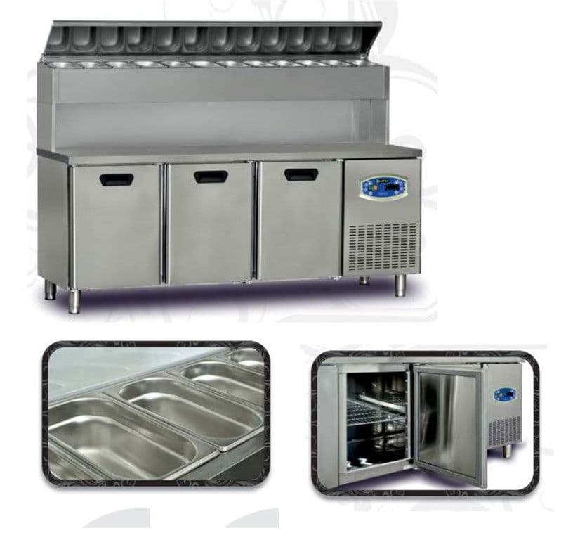 Pizza Hazırlık Buzdolabı Yüksek Model Üç Kapılı +2/+5°C + İkili Çekmece Modülü Hacim 450 Lt