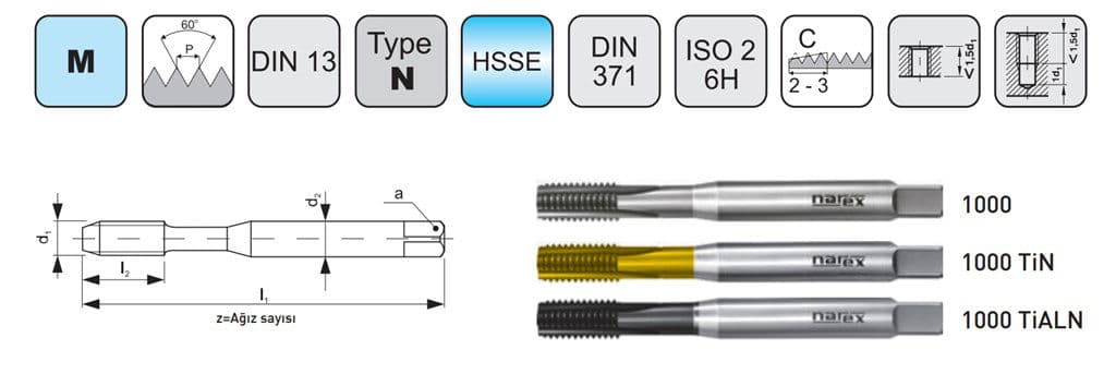 NAREX MAKİNA KILAVUZU DIN N-371D TiN HSSE DÜZ KANAL M4