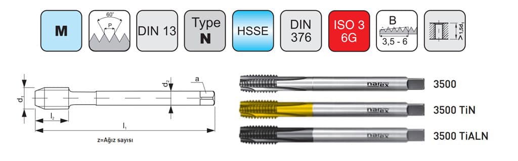 KILAVUZ DIN 376B TiALN (6G)  DÜZ KANAL UÇ BİLEMELİ M20